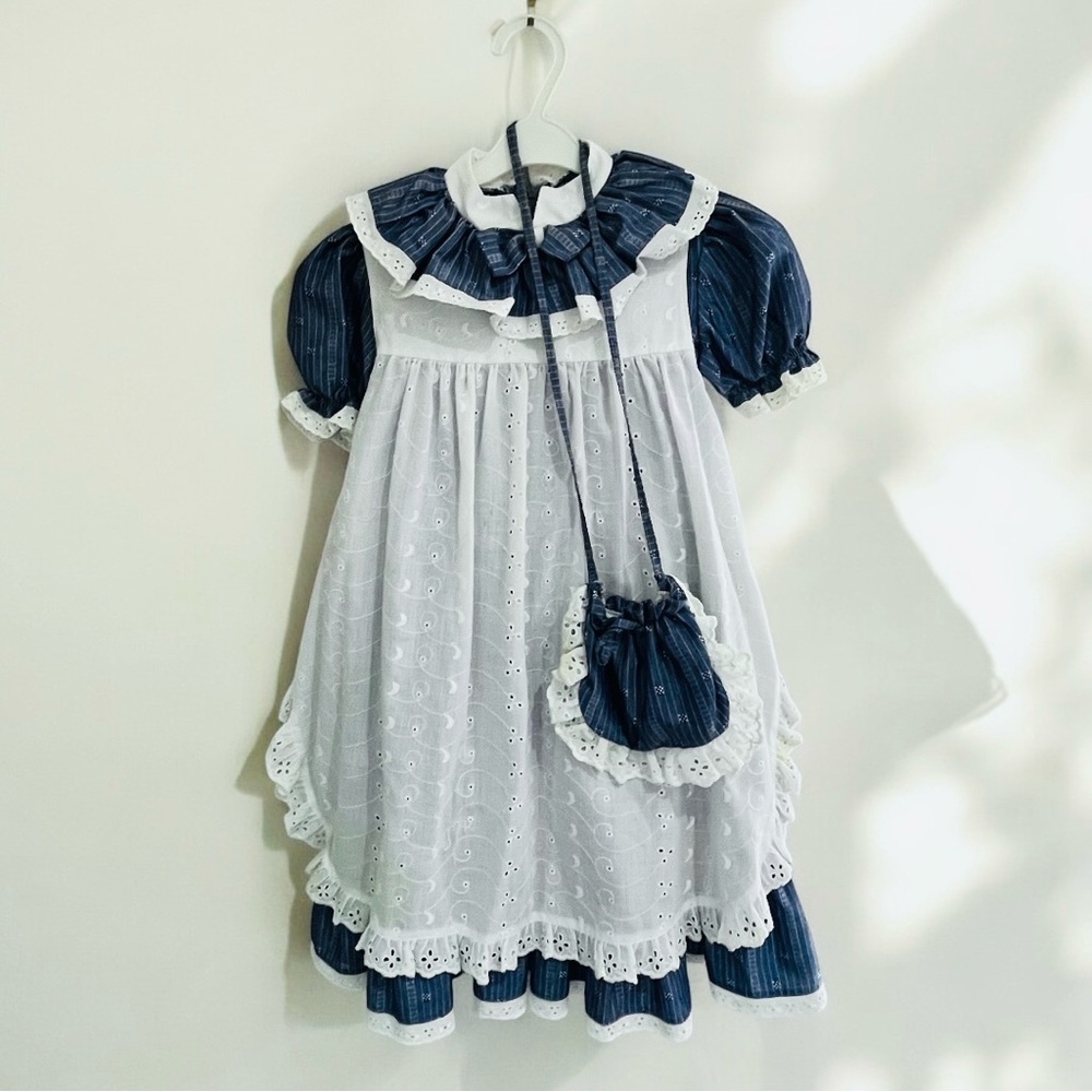 Vintage Girls’ Prairie Cottagecore Dress w/ Apron & Pouch